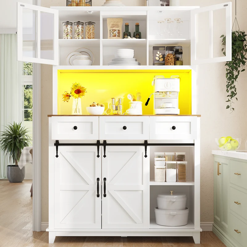 Shippons Buffet de cuisine 105x38,4x180cm blanc – Armoire haute avec LED, style farmhouse, étagères réglables, vitrine moderne