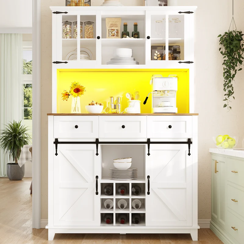Shippons Buffet de cuisine 105x38,4x180cm blanc – Armoire haute avec LED, style farmhouse, étagères réglables, vitrine moderne
