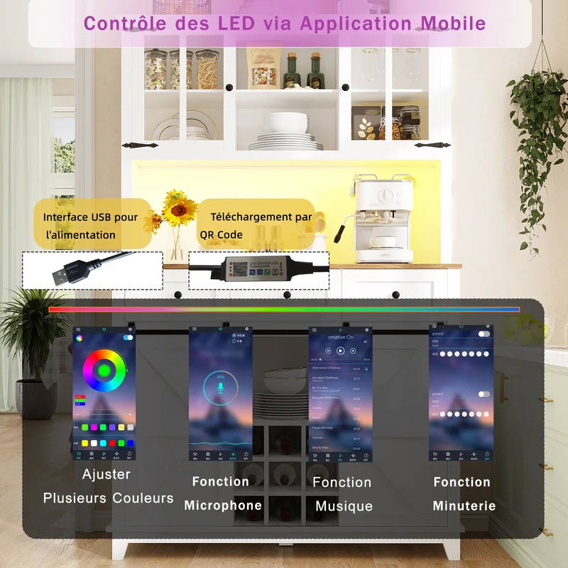 Shippons Buffet de cuisine 105x38,4x180cm blanc – Armoire haute avec LED, style farmhouse, étagères réglables, vitrine moderne