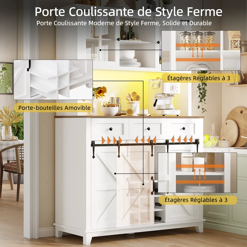 Shippons Buffet de cuisine 105x38,4x180cm blanc – Armoire haute avec LED, style farmhouse, étagères réglables, vitrine moderne