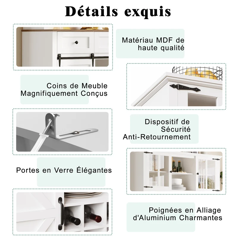 Shippons Buffet de cuisine 105x38,4x180cm blanc – Armoire haute avec LED, style farmhouse, étagères réglables, vitrine moderne