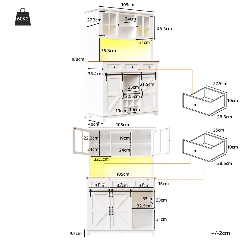 Shippons Buffet de cuisine 105x38,4x180cm blanc – Armoire haute avec LED, style farmhouse, étagères réglables, vitrine moderne