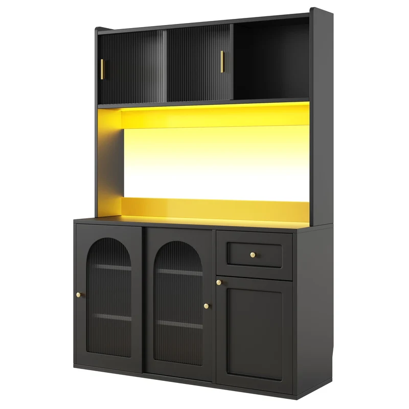 Unaccrued Buffet Haut 120x35x167cm Noir avec Étagères Réglables, LED, Vitrine Moderne en MDF