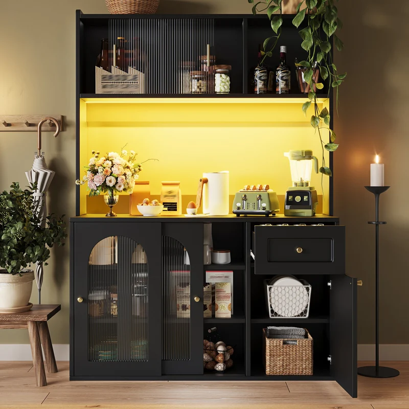 Unaccrued Buffet Haut 120x35x167cm Noir avec Étagères Réglables, LED, Vitrine Moderne en MDF