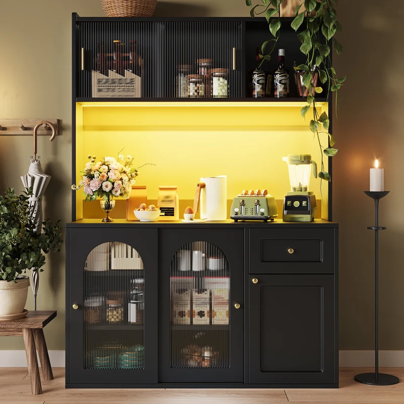 Unaccrued Buffet Haut 120x35x167cm Noir avec Étagères Réglables, LED, Vitrine Moderne en MDF