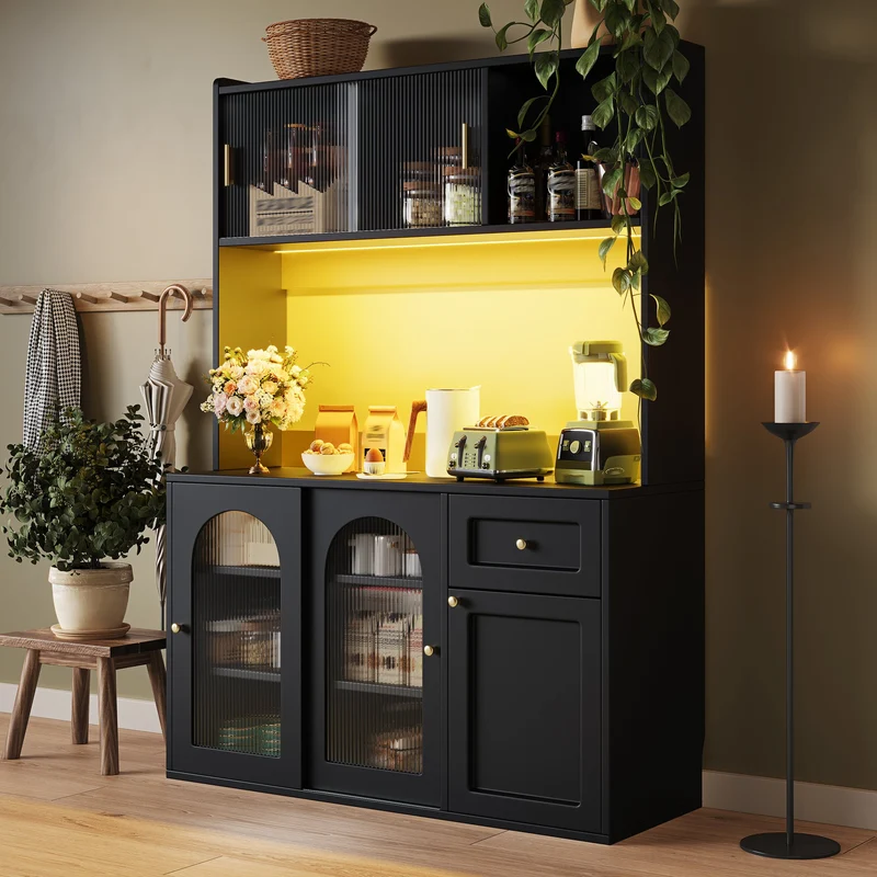 Unaccrued Buffet Haut 120x35x167cm Noir avec Étagères Réglables, LED, Vitrine Moderne en MDF