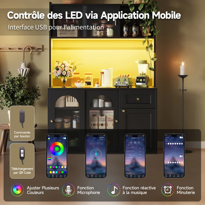 Unaccrued Buffet Haut 120x35x167cm Noir avec Étagères Réglables, LED, Vitrine Moderne en MDF