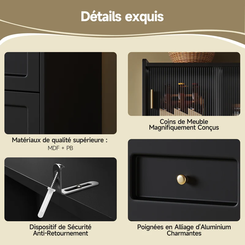 Unaccrued Buffet Haut 120x35x167cm Noir avec Étagères Réglables, LED, Vitrine Moderne en MDF