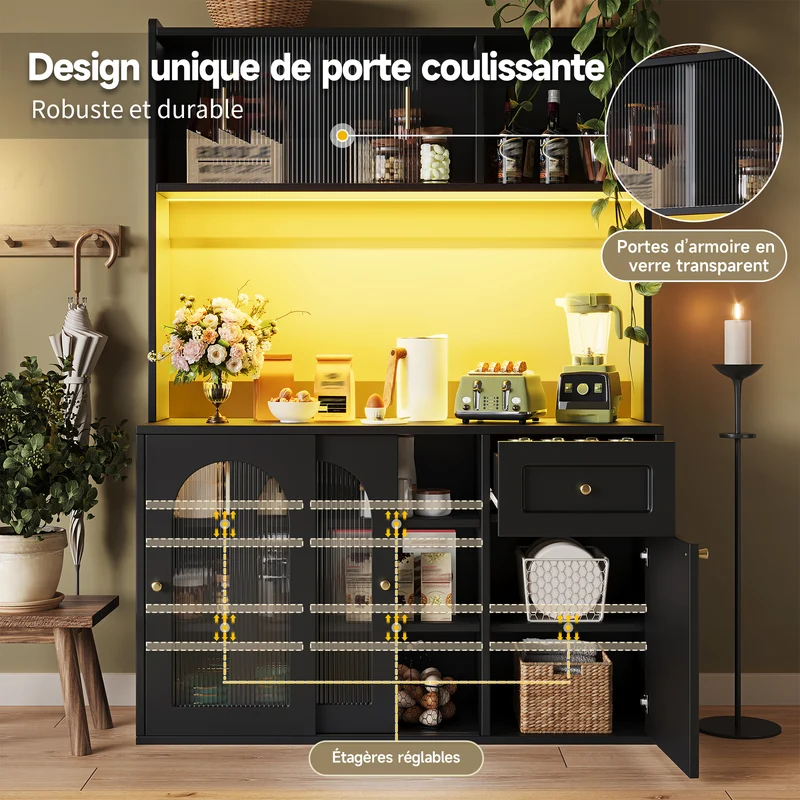 Unaccrued Buffet Haut 120x35x167cm Noir avec Étagères Réglables, LED, Vitrine Moderne en MDF