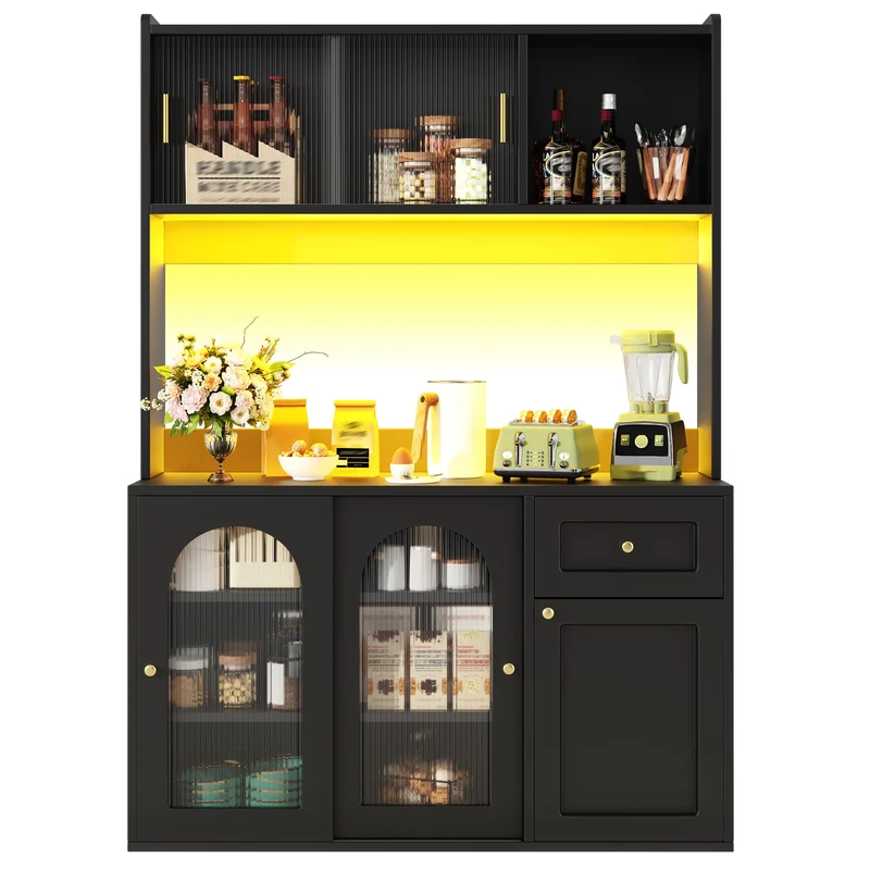 Unaccrued Buffet Haut 120x35x167cm Noir avec Étagères Réglables, LED, Vitrine Moderne en MDF
