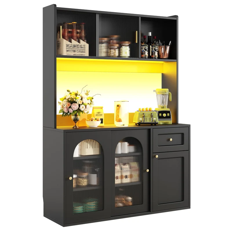 Unaccrued Buffet Haut 120x35x167cm Noir avec Étagères Réglables, LED, Vitrine Moderne en MDF