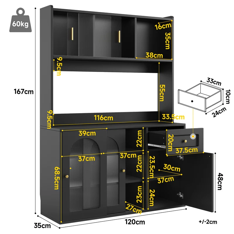 Unaccrued Buffet Haut 120x35x167cm Noir avec Étagères Réglables, LED, Vitrine Moderne en MDF