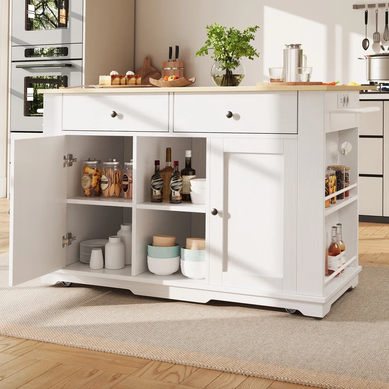 Precover Îlot de cuisine 151,5x59,7cm blanc bois, avec prises, rangement, roulettes, plateau pliable
