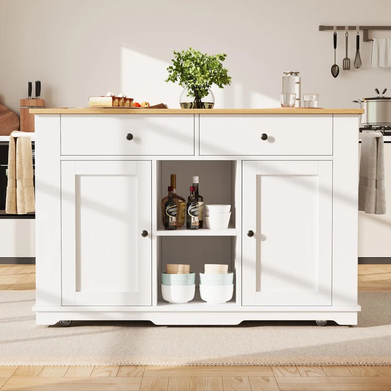 Precover Îlot de cuisine 151,5x59,7cm blanc bois, avec prises, rangement, roulettes, plateau pliable