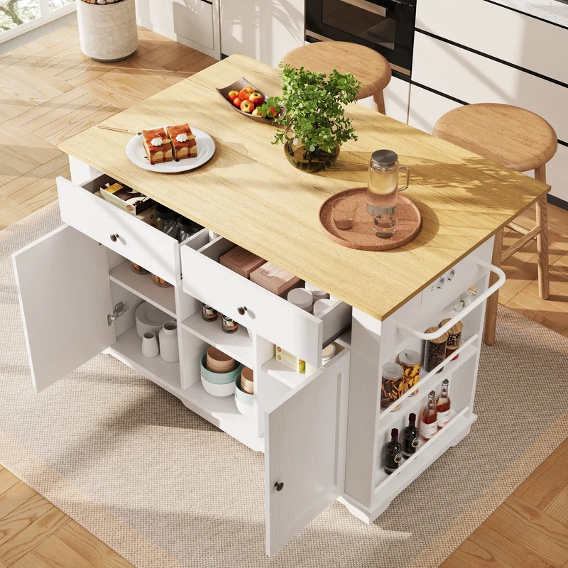 Precover Îlot de cuisine 151,5x59,7cm blanc bois, avec prises, rangement, roulettes, plateau pliable