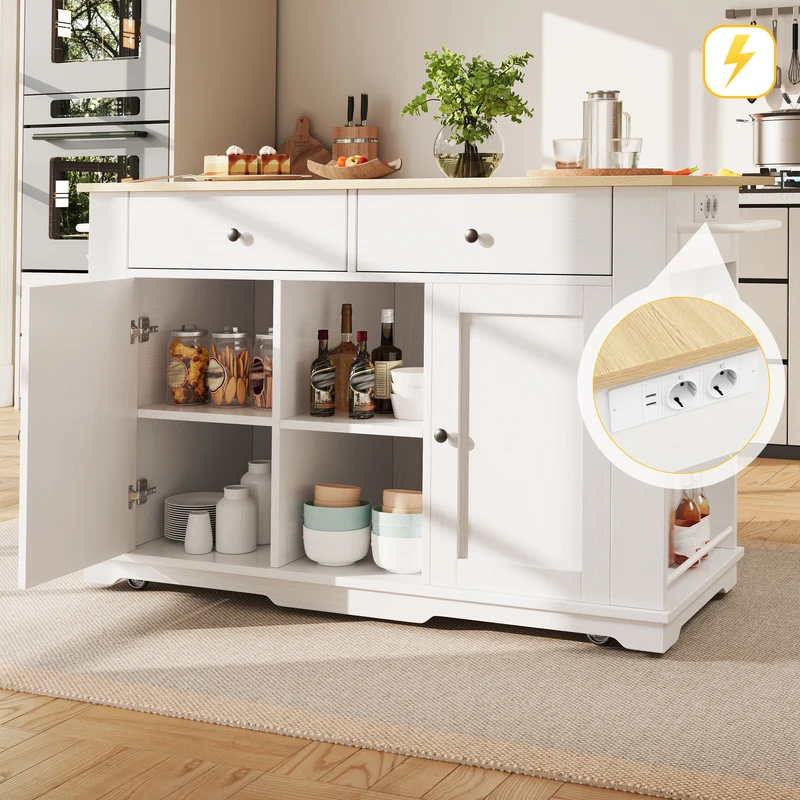 Precover Îlot de cuisine 151,5x59,7cm blanc bois, avec prises, rangement, roulettes, plateau pliable