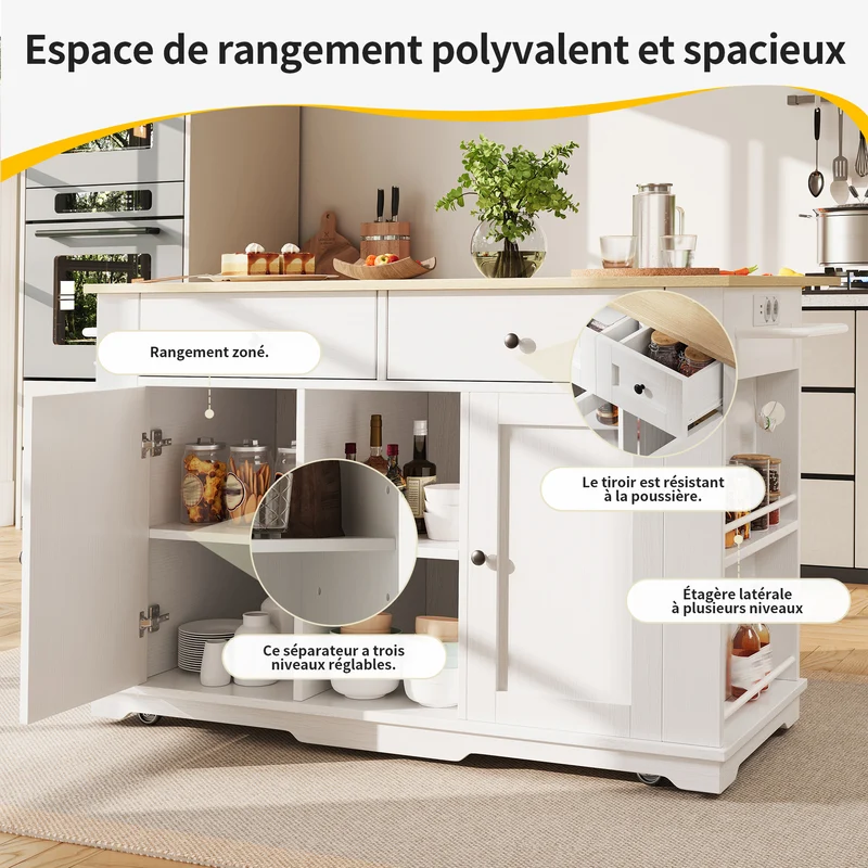 Precover Îlot de cuisine 151,5x59,7cm blanc bois, avec prises, rangement, roulettes, plateau pliable