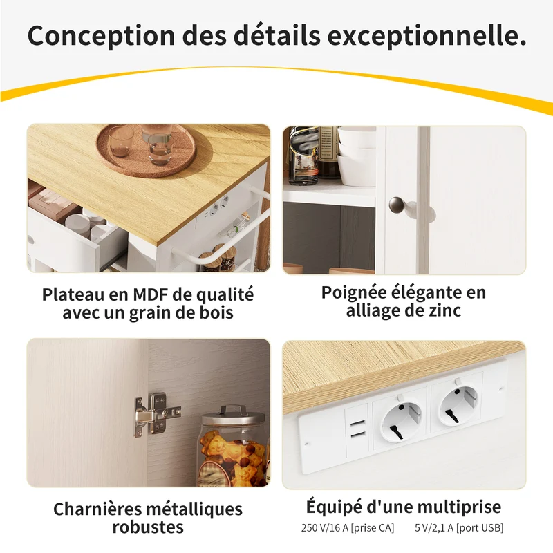 Precover Îlot de cuisine 151,5x59,7cm blanc bois, avec prises, rangement, roulettes, plateau pliable