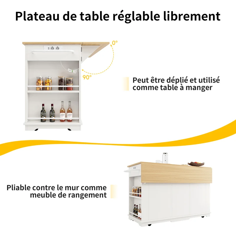 Precover Îlot de cuisine 151,5x59,7cm blanc bois, avec prises, rangement, roulettes, plateau pliable