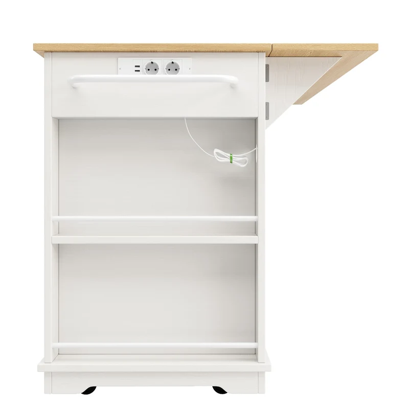Precover Îlot de cuisine 151,5x59,7cm blanc bois, avec prises, rangement, roulettes, plateau pliable