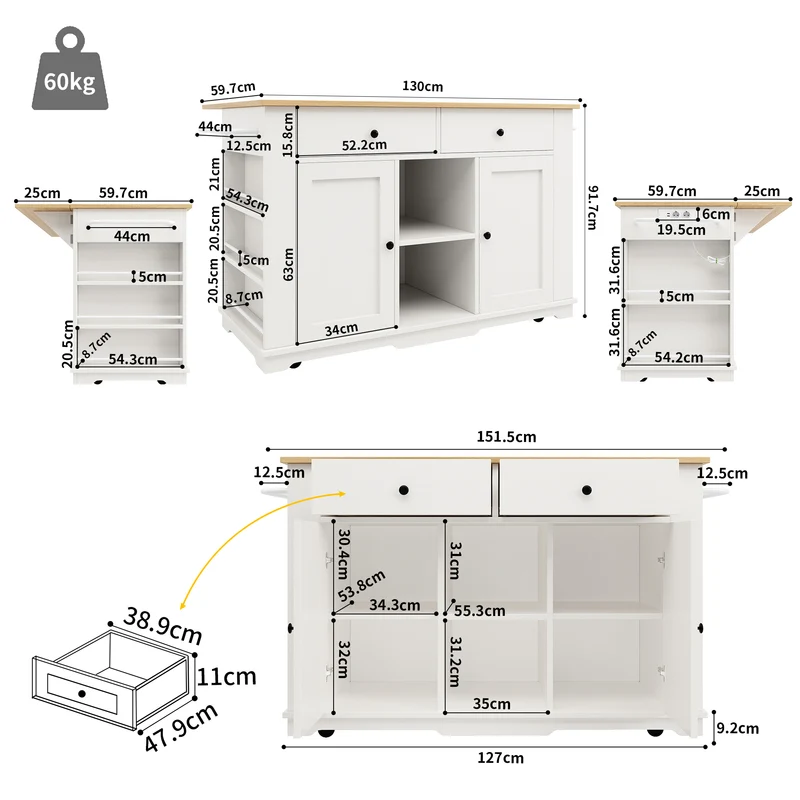 Precover Îlot de cuisine 151,5x59,7cm blanc bois, avec prises, rangement, roulettes, plateau pliable