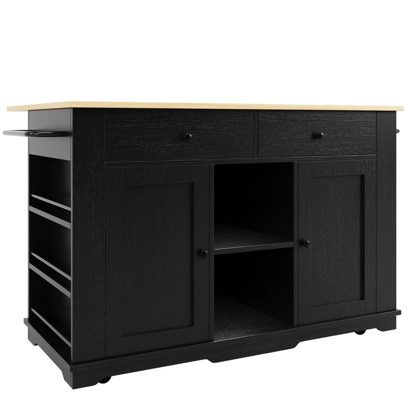 Relessa Îlot de cuisine 151,5x59,7x91,7cm MDF & Métal Noir – Chariot avec prise, plan de travail pliable, grand rangement