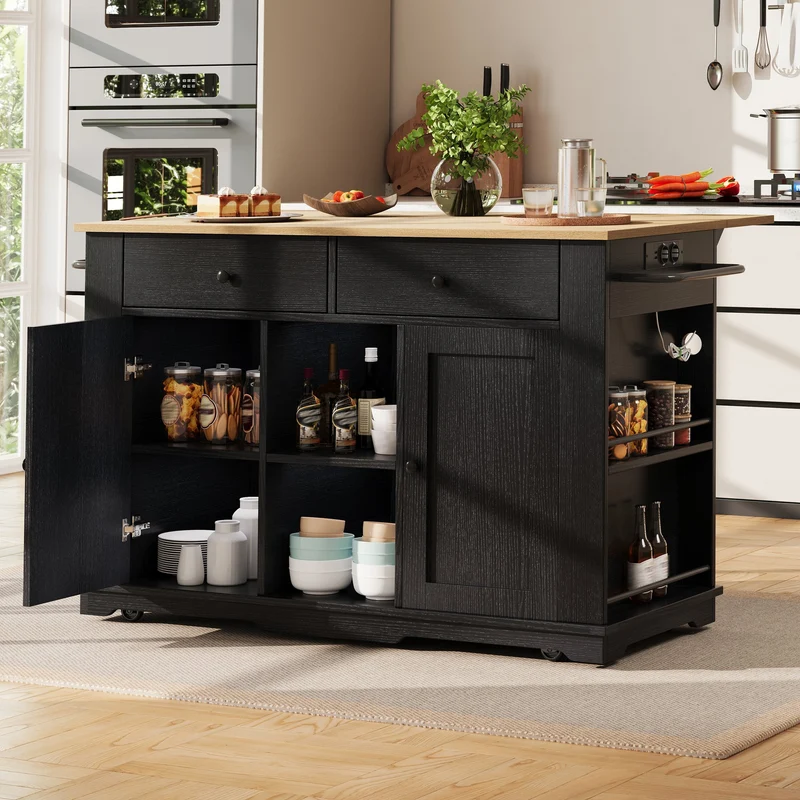 Relessa Îlot de cuisine 151,5x59,7x91,7cm MDF & Métal Noir – Chariot avec prise, plan de travail pliable, grand rangement