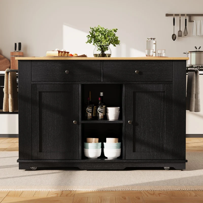 Relessa Îlot de cuisine 151,5x59,7x91,7cm MDF & Métal Noir – Chariot avec prise, plan de travail pliable, grand rangement