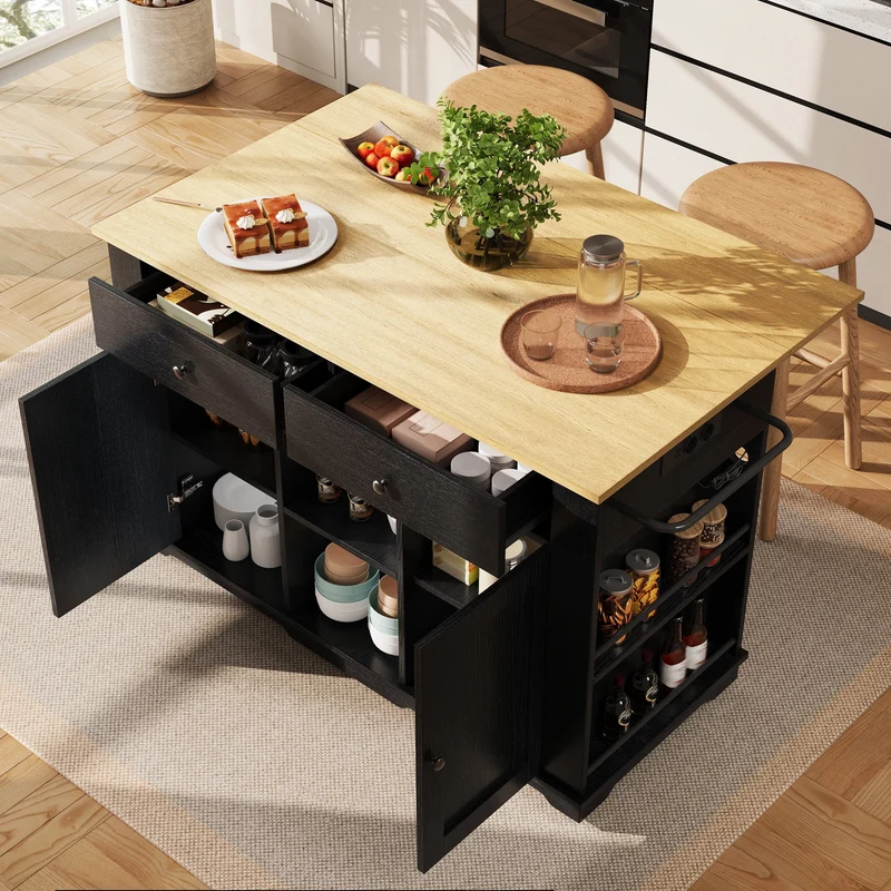 Relessa Îlot de cuisine 151,5x59,7x91,7cm MDF & Métal Noir – Chariot avec prise, plan de travail pliable, grand rangement