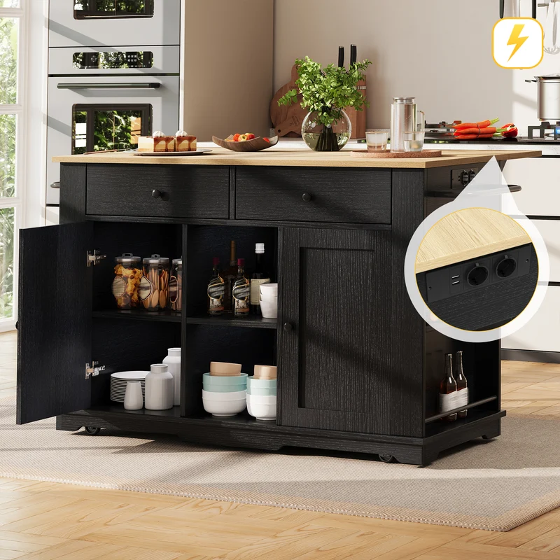 Relessa Îlot de cuisine 151,5x59,7x91,7cm MDF & Métal Noir – Chariot avec prise, plan de travail pliable, grand rangement