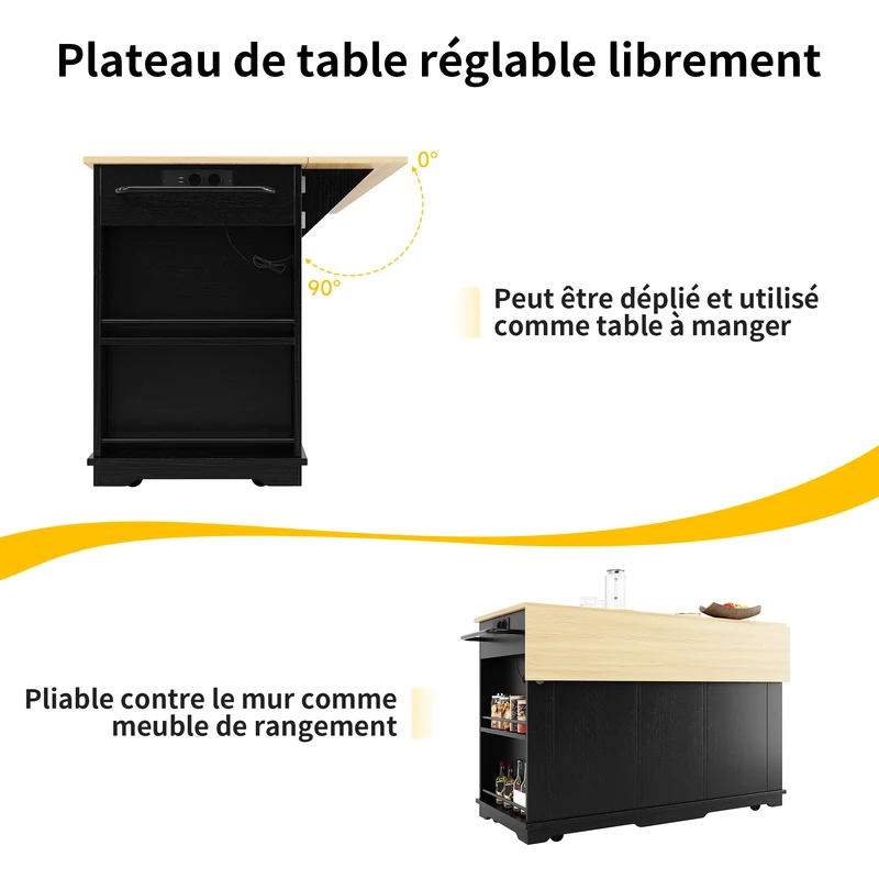 Relessa Îlot de cuisine 151,5x59,7x91,7cm MDF & Métal Noir – Chariot avec prise, plan de travail pliable, grand rangement