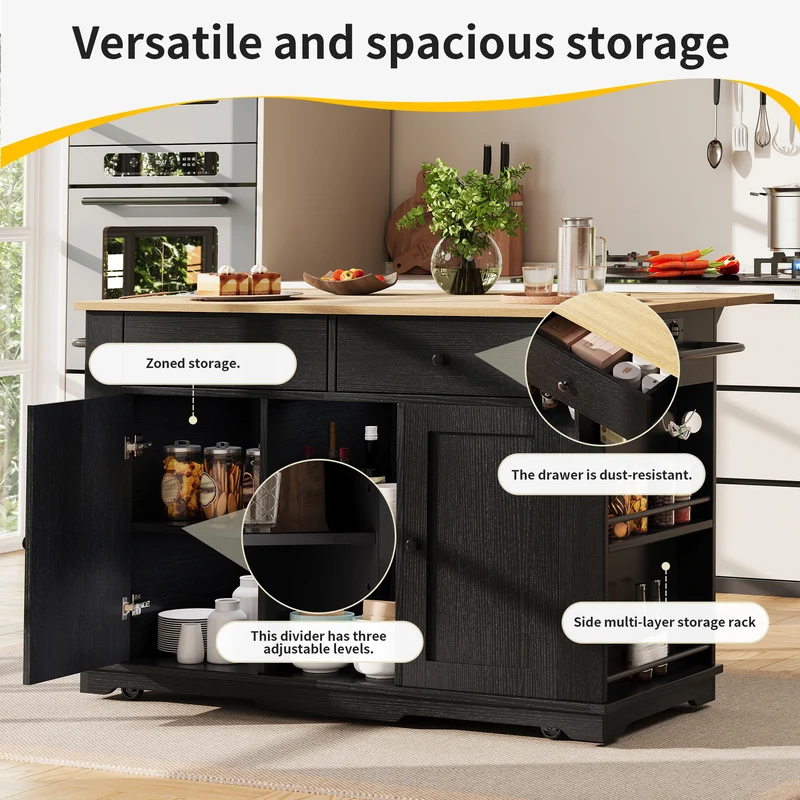 Relessa Îlot de cuisine 151,5x59,7x91,7cm MDF & Métal Noir – Chariot avec prise, plan de travail pliable, grand rangement