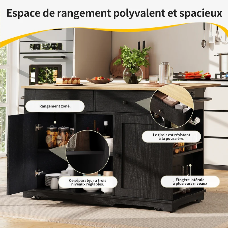 Relessa Îlot de cuisine 151,5x59,7x91,7cm MDF & Métal Noir – Chariot avec prise, plan de travail pliable, grand rangement