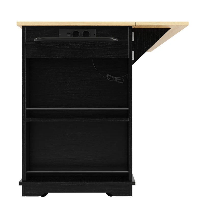 Relessa Îlot de cuisine 151,5x59,7x91,7cm MDF & Métal Noir – Chariot avec prise, plan de travail pliable, grand rangement