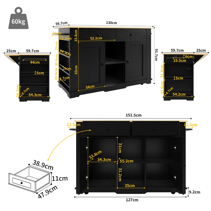 Relessa Îlot de cuisine 151,5x59,7x91,7cm MDF & Métal Noir – Chariot avec prise, plan de travail pliable, grand rangement