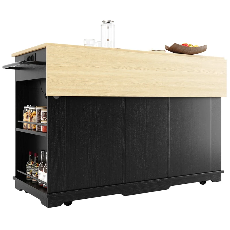 Relessa Îlot de cuisine 151,5x59,7x91,7cm MDF & Métal Noir – Chariot avec prise, plan de travail pliable, grand rangement