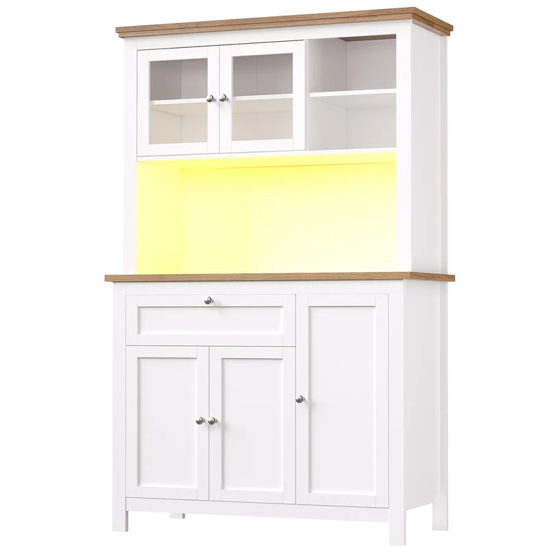 Subcantor Buffet haut 104x40x180cm blanc en MDF avec LED, style moderne, étagères réglables, vitrine et porte coulissante