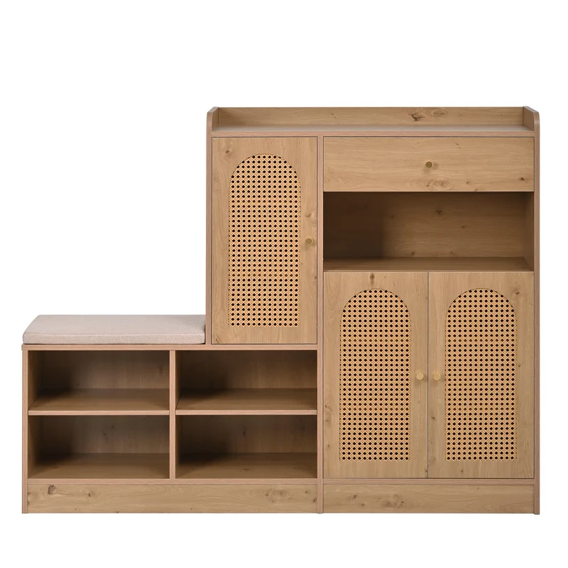 Meuble et banc à chaussures effet bois avec assise rembourrée, 3 portes en rotin, 1 tiroir 142x35x110 cm MOMENTUMVERTEX