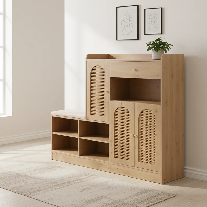 Meuble et banc à chaussures effet bois avec assise rembourrée, 3 portes en rotin, 1 tiroir 142x35x110 cm MOMENTUMVERTEX