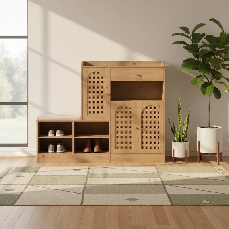 Meuble et banc à chaussures effet bois avec assise rembourrée, 3 portes en rotin, 1 tiroir 142x35x110 cm MOMENTUMVERTEX