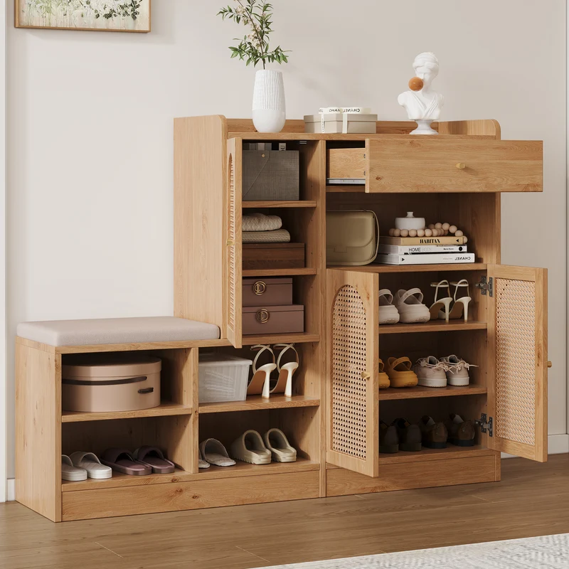 Meuble et banc à chaussures effet bois avec assise rembourrée, 3 portes en rotin, 1 tiroir 142x35x110 cm MOMENTUMVERTEX