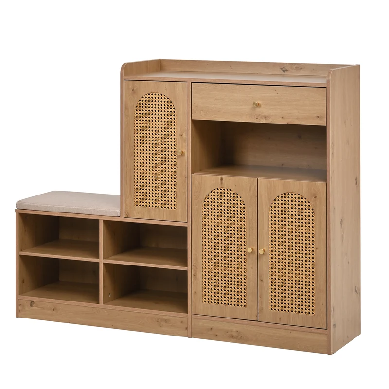Meuble et banc à chaussures effet bois avec assise rembourrée, 3 portes en rotin, 1 tiroir 142x35x110 cm MOMENTUMVERTEX