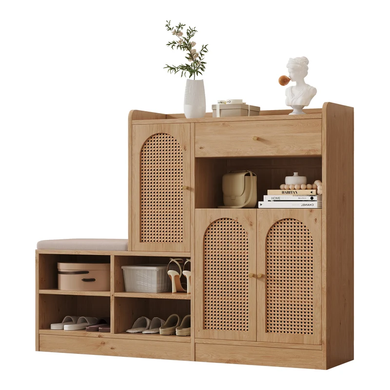 Meuble et banc à chaussures effet bois avec assise rembourrée, 3 portes en rotin, 1 tiroir 142x35x110 cm MOMENTUMVERTEX