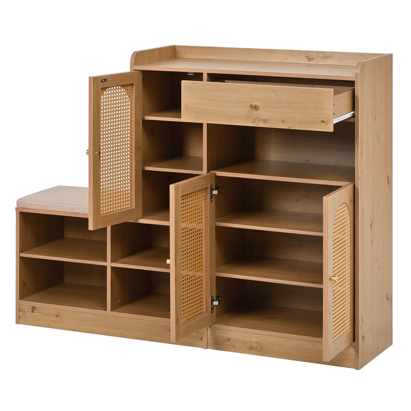 Meuble et banc à chaussures effet bois avec assise rembourrée, 3 portes en rotin, 1 tiroir 142x35x110 cm MOMENTUMVERTEX