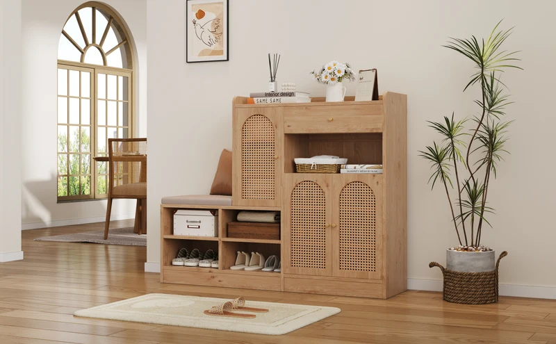 Meuble et banc à chaussures effet bois avec assise rembourrée, 3 portes en rotin, 1 tiroir 142x35x110 cm MOMENTUMVERTEX
