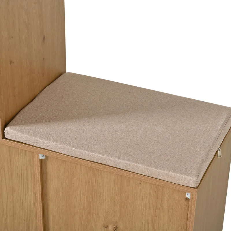 Meuble et banc à chaussures effet bois avec assise rembourrée, 3 portes en rotin, 1 tiroir 142x35x110 cm MOMENTUMVERTEX