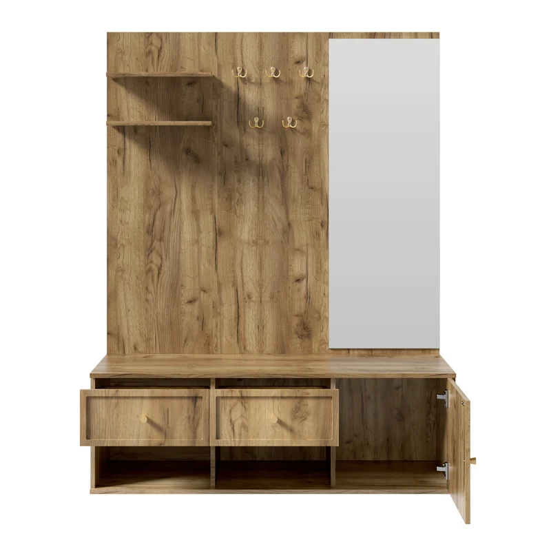 Vestiaire à l'entrée effet bois et miroir avec banc et rangement à chaussures 120cm SCREENMAX