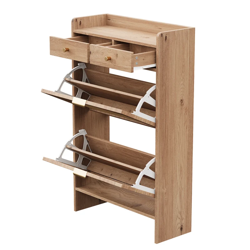 Meuble à chaussures effet bois naturel, 2 tiroirs et portes cannage rotin 65×25×106cm RUSTICTHROWART