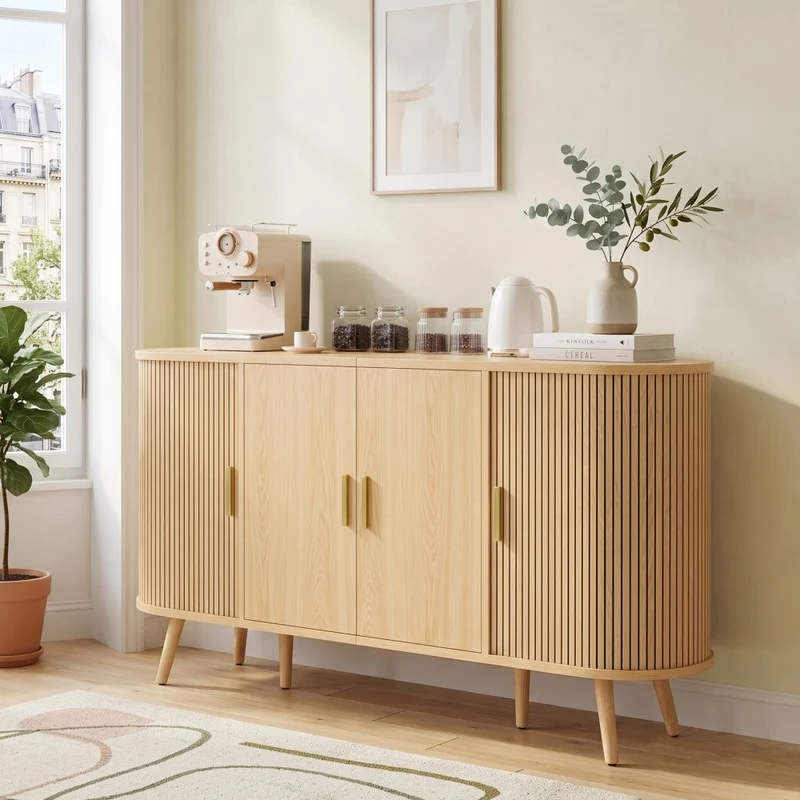 Buffet effet bois clair avec portes coulissantes 3 tiroirs, design arrondi à rainures verticales accents dorés MINIMALISTCORNERART