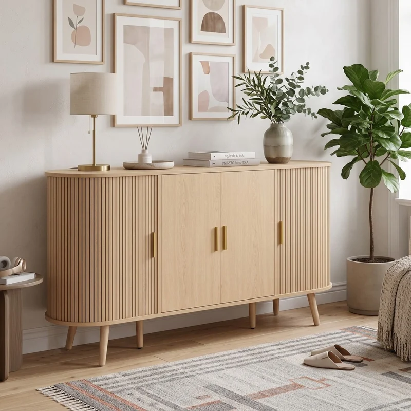 Buffet effet bois clair avec portes coulissantes 3 tiroirs, design arrondi à rainures verticales accents dorés MINIMALISTCORNERART